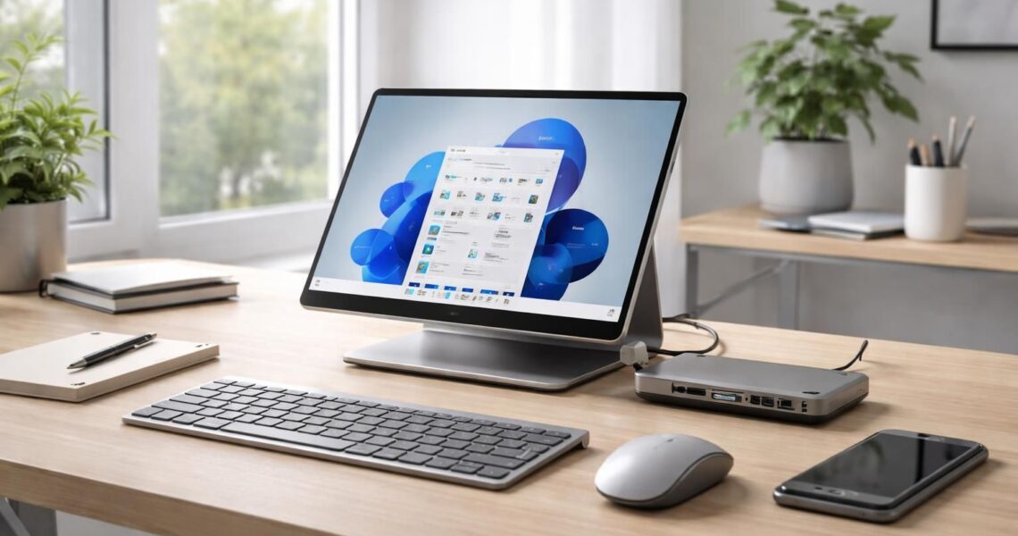 Aménagement agence : dock et poste mobile autour de tablette Windows