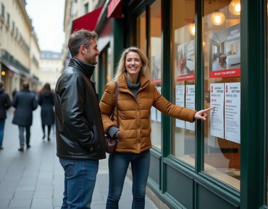 Couple devant une agence immobilière étudiant des annonces de location en zone tendue dans une ville française