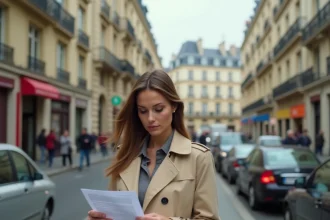 Femme consultant une liste de communes en zone tendue dans une rue de ville dense aux immeubles haussmanniens