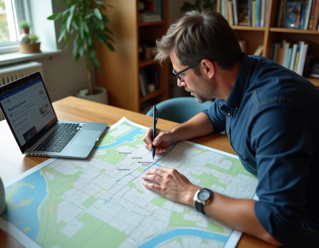 Homme annotant une carte des communes en zone tendue sur une table en bois dans un bureau à domicile