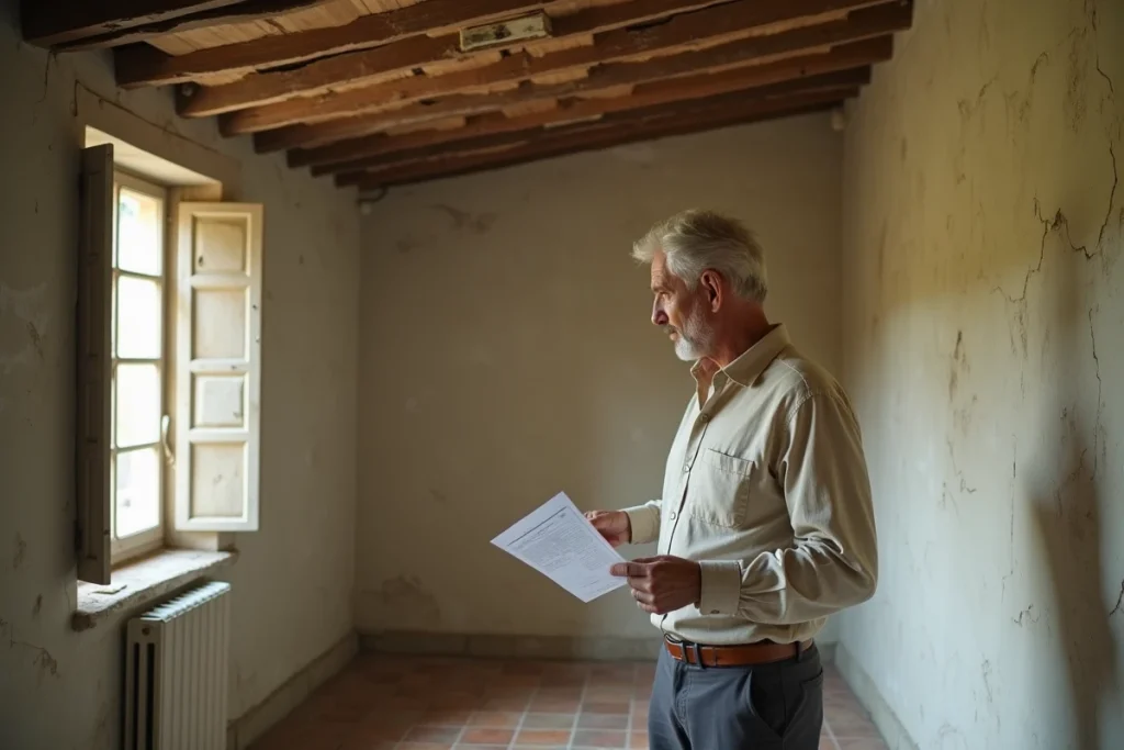Homme inspectant l'intérieur d'une maison abandonnée en PACA avec documents immobiliers