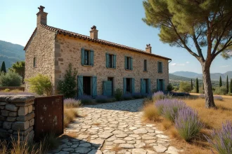 Maison abandonnée en pierre à donner en Provence avec végétation envahissante et volets décrochés