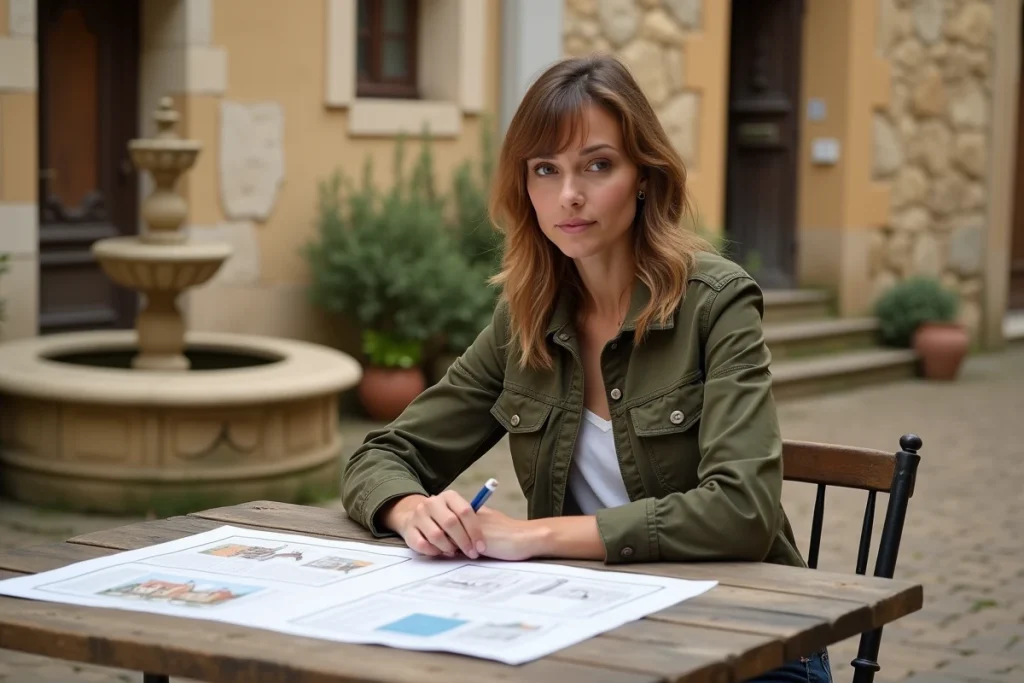 Femme étudiant un dossier d'achat immobilier dans un village provençal pour une maison abandonnée
