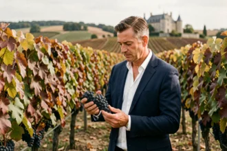 Propriétaire potentiel examinant des grappes de raisin dans un vignoble bordelais en automne avec un château en arrière-plan