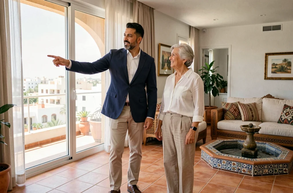 Agent immobilier marocain présentant un appartement moderne à une retraitée dans un immeuble résidentiel d'Agadir