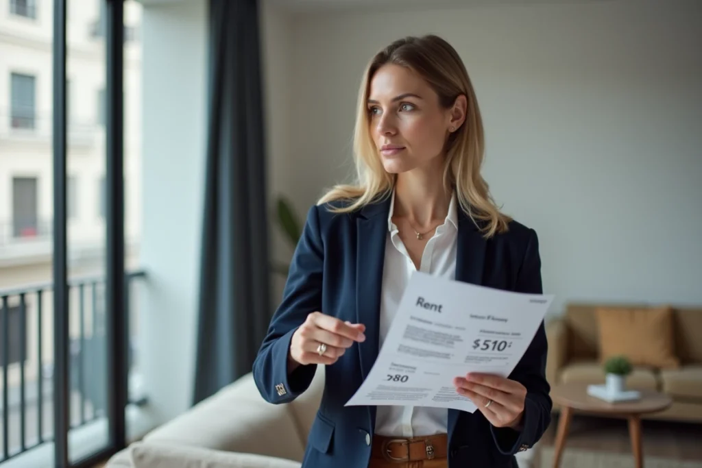 Agent immobilier expliquant le calcul d'encadrement des loyers dans un appartement parisien