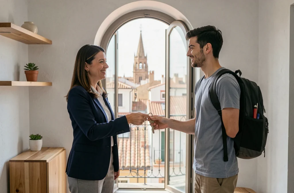 Agent immobilière remettant les clés d'un appartement à un jeune locataire Erasmus à Barcelone avec vue sur les toits