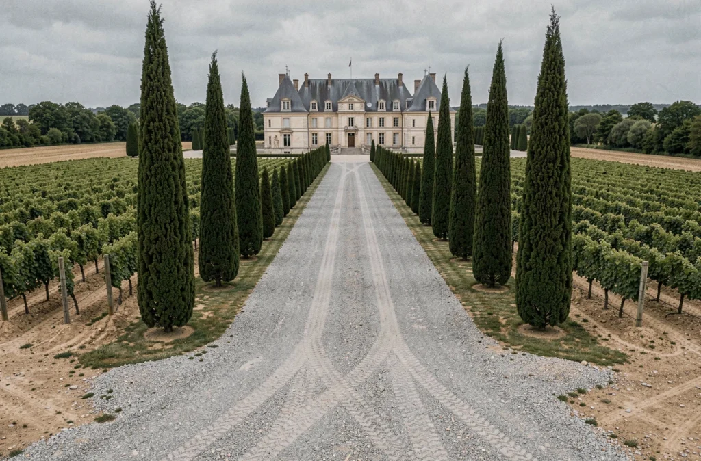 Allée de cyprès menant à un château bordelais du XVIIIe siècle entouré de parcelles de vignes
