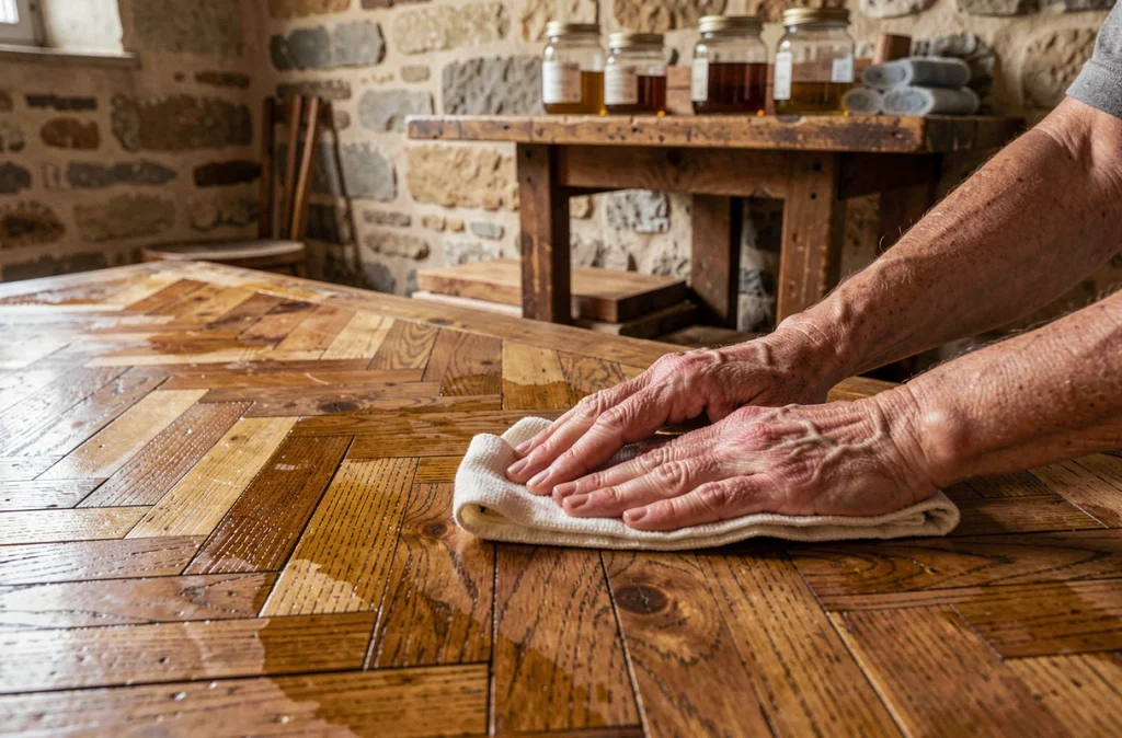 Application d'une huile naturelle à la main sur un parquet en point de Hongrie restauré dans une maison ancienne
