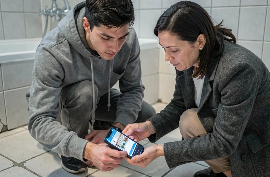 Locataire et agente immobilière utilisant une application mobile pour annoter un état des lieux en salle de bain