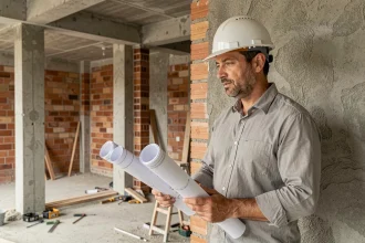 Architecte inspectant un mur porteur avec des plans structuraux dans un appartement en rénovation