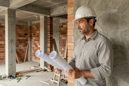 Architecte inspectant un mur porteur avec des plans structuraux dans un appartement en rénovation