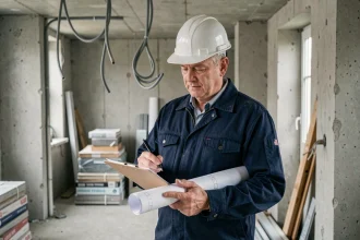 Architecte en chantier de rénovation lourde consultant des plans de construction dans un appartement mis à nu
