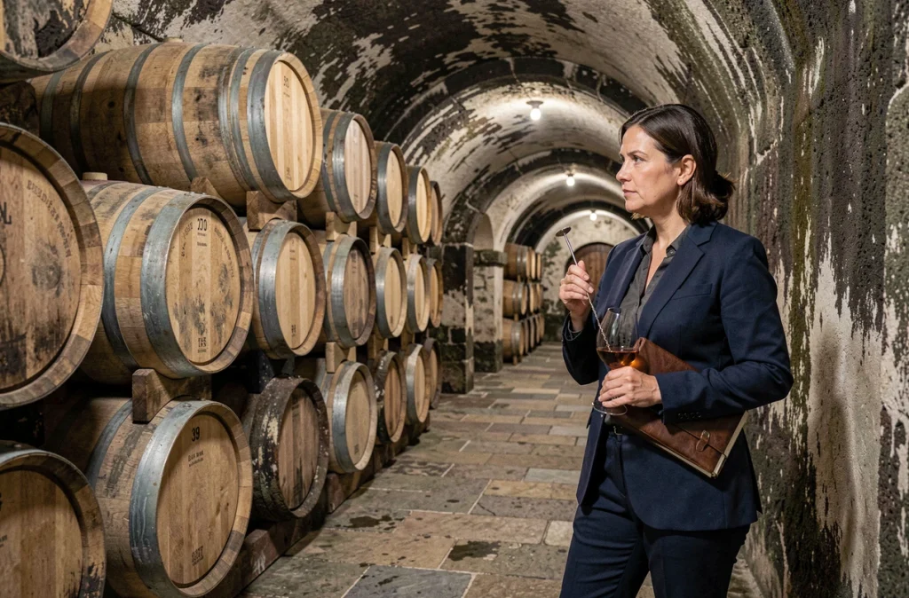 Chai historique d'un domaine viticole bordelais avec rangées de barriques en chêne, critère clé de valorisation lors d'une vente de propriété viticole