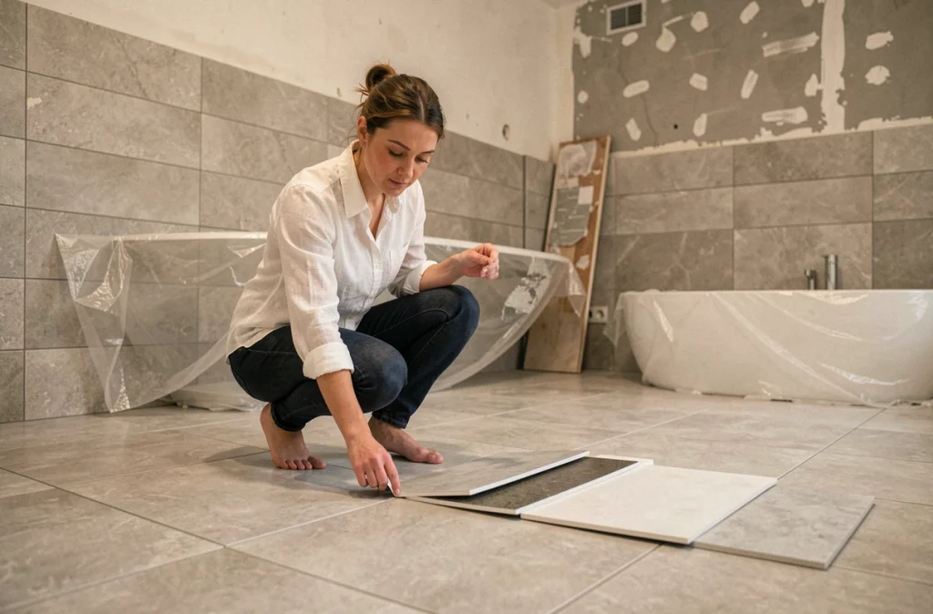 Décoratrice choisissant des matériaux pour la rénovation d'une salle de bain avec nouveau carrelage posé