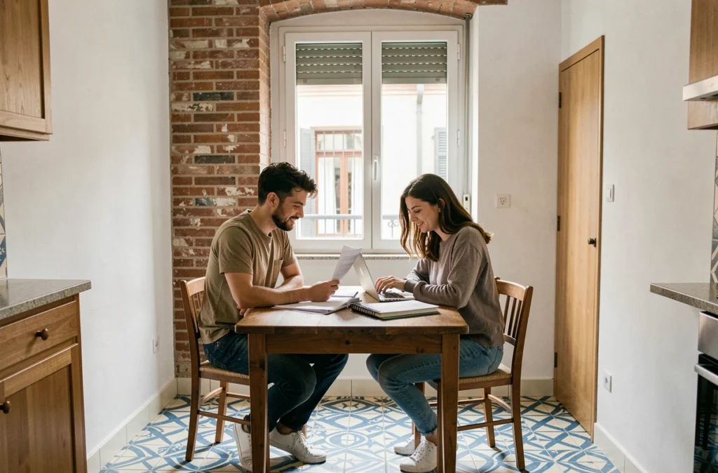 Deux jeunes colocataires consultant des documents de location dans un appartement meublé à Barcelone avec du carrelage traditionnel