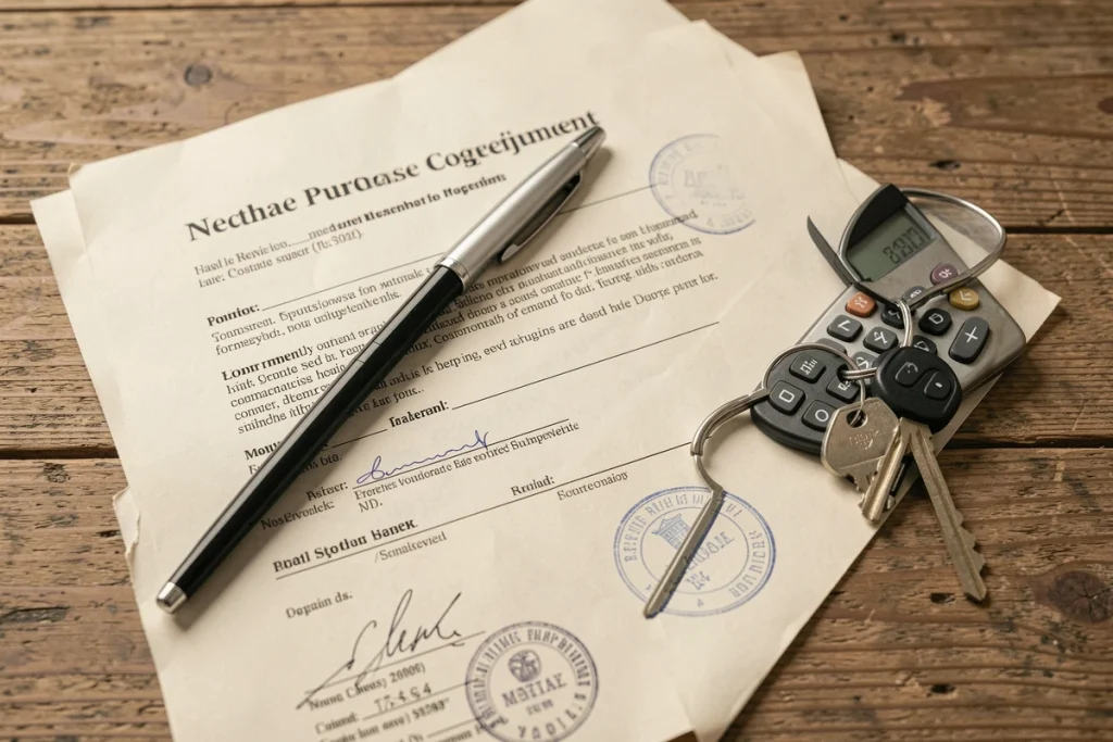 Vue aérienne d'un bureau avec contrat immobilier de construction neuve, calculatrice et clés de maison illustrant les frais de notaire