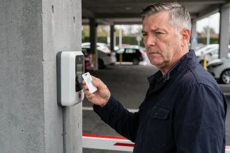 Homme tenant un badge RFID devant un lecteur de barrière de parking pour le copier ou le dupliquer