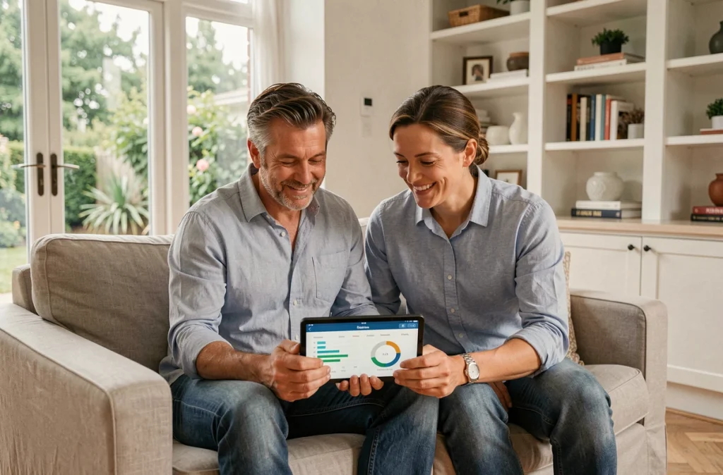 Couple consultant une application domotique sur tablette dans un salon rénové et connecté