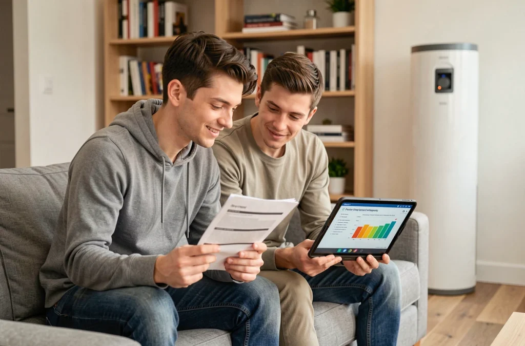 Couple consultant un bilan énergétique dans un appartement rénové avec pompe à chaleur