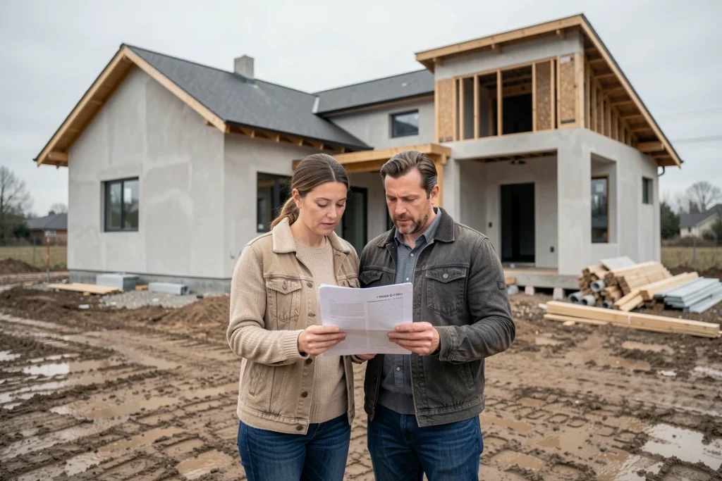 Couple examinant des documents de frais de notaire devant leur maison neuve en construction par temps couvert