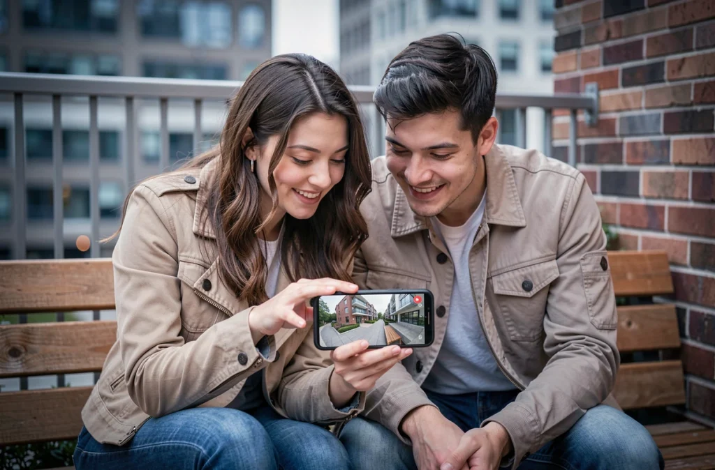Couple regardant une visite virtuelle immobilière 360 sur smartphone en terrasse en ville
