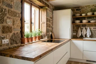 Cuisine rénovée en pierre apparente avec armoires modernes blanches et plan de travail en chêne massif dans une maison de campagne française
