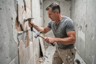 Artisan en train de déposer les anciens carreaux de faïence lors de la rénovation d'une salle de bain ancienne
