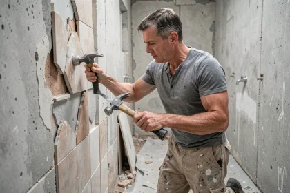 Artisan en train de déposer les anciens carreaux de faïence lors de la rénovation d'une salle de bain ancienne