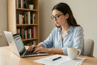 Jeune femme déposant un dossier de location en ligne sur son ordinateur portable depuis son appartement