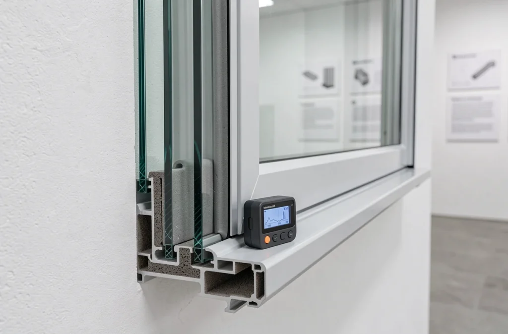 Gros plan sur la coupe transversale d'une fenêtre acoustique haute performance montrant les vitrages et le joint d'étanchéité phonique