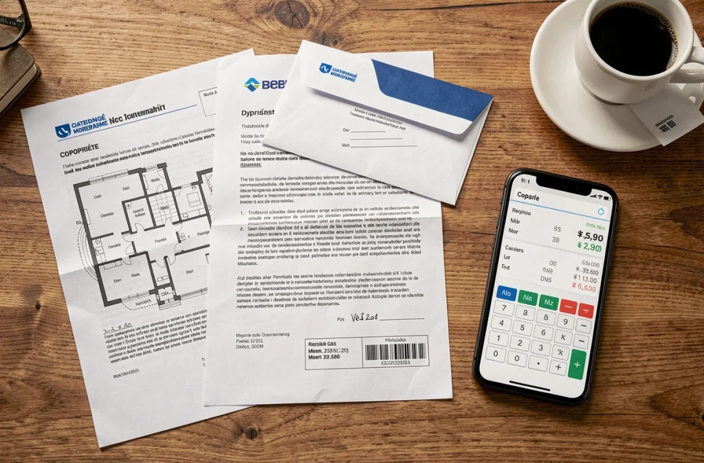 Documents administratifs pour la prise en charge d'une recherche de fuite en copropriété avec formulaire d'assurance et plan d'immeuble