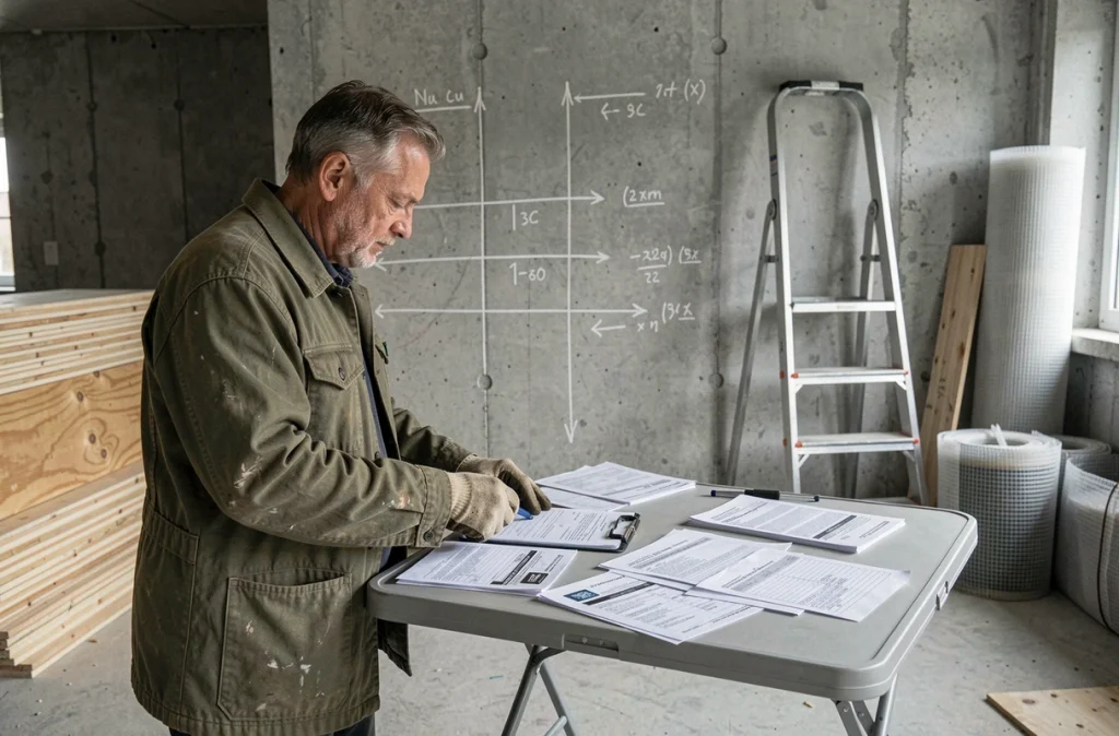 Entrepreneur consultant les permis de démolition devant un mur porteur annoté avant ouverture