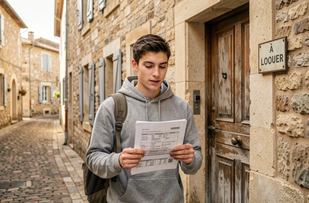 Étudiant consultant une annonce de location devant un immeuble en pierre dans une ville de l'Aude