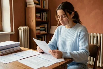 Jeune étudiante révisant un contrat de bail dans un appartement en location dans l'Aude