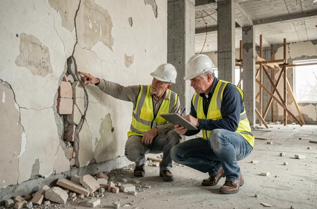 Deux experts en bâtiment inspectant des fissures structurelles sur un mur porteur lors d'un constat avant travaux