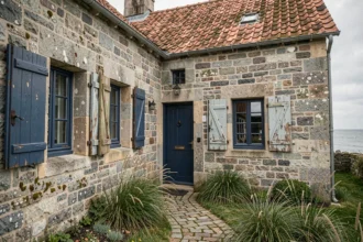 Façade en pierre d'une maison de pêcheur bretonne avec porte bleue ancienne et jardin maritime, détails architecturaux valorisants