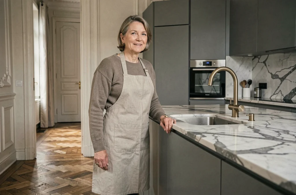 Femme en tablier de lin dans une cuisine haussmannienne rénovée mêlant îlot en marbre, parquet en chevron et mobilier contemporain gris