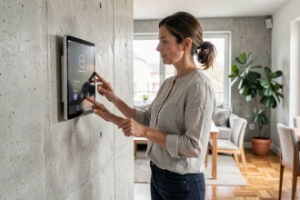 Femme utilisant un panneau de contrôle domotique dans une cuisine rénovée aux finitions modernes