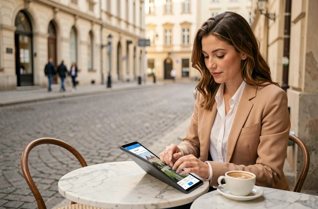 Femme investisseuse consultant une plateforme immobilière Immolibre sur tablette en terrasse de café en ville