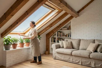 Grenier réhabilité en espace de vie avec poutres apparentes, parquet clair et fenêtre de toit, décoré avec des plantes et une bibliothèque intégrée