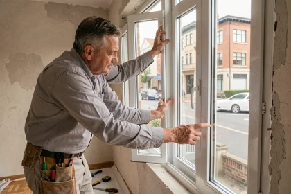 Artisan installant une nouvelle fenêtre à double vitrage pour améliorer l'isolation phonique dans un appartement en rénovation