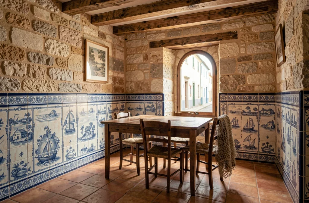 Intérieur authentique d'une petite maison de pêcheur portugaise avec azulejos, poutres en bois et carrelage en terre cuite