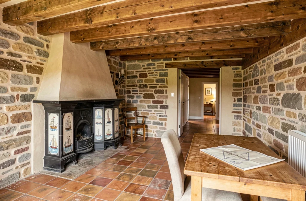 Intérieur authentique d'une maison de pêcheur avec poutres en chêne, cheminée en fonte et sol en tomettes, détails patrimoniaux à haute valeur immobilière