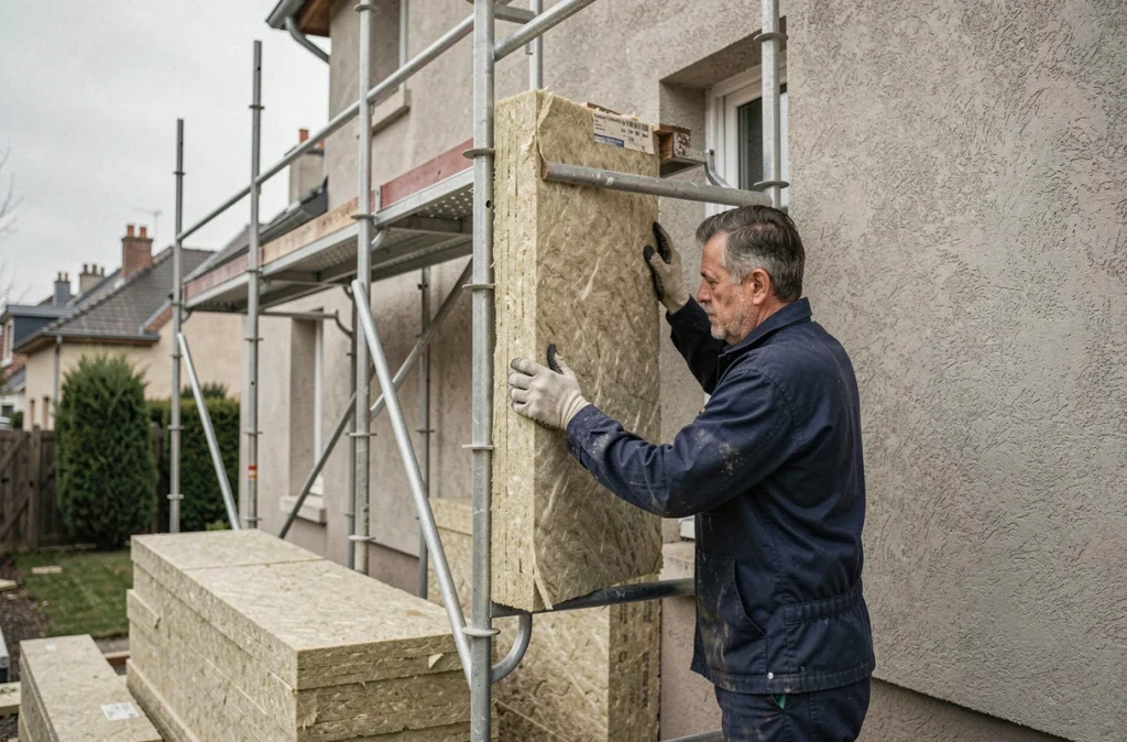 Artisan posant des panneaux d'isolation thermique par l'extérieur sur une maison en rénovation