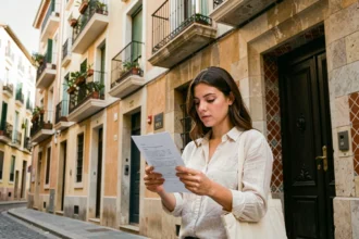 Jeune femme consultant un contrat de location devant un immeuble moderniste à Barcelone dans le quartier de l'Eixample