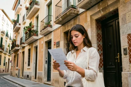 Jeune femme consultant un contrat de location devant un immeuble moderniste à Barcelone dans le quartier de l'Eixample