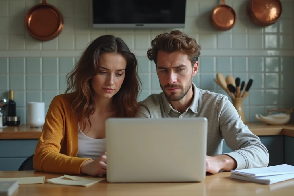 Couple de locataires vérifiant l'encadrement des loyers et leurs risques en cas d'erreur de calcul