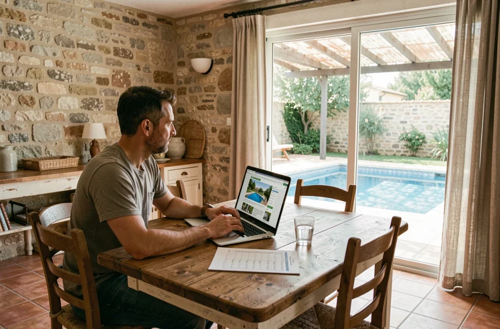 Homme comparant des offres de location de maison avec piscine sur ordinateur dans un intérieur provençal à Béziers