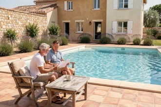 Couple consultant un contrat de location devant une piscine privée dans une maison du sud de la France près de Béziers